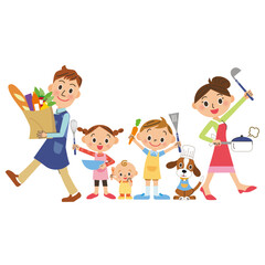 家族が休日に一緒に料理を楽しむ