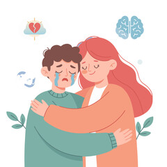 Comforting Woman Embraces Crying Man Symbolizing Support and Empathy During Difficult Times with Brain and Broken Heart Icons