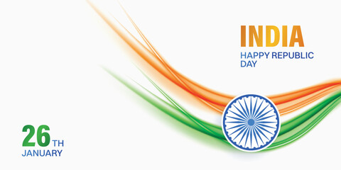 26 January Republic Day Banner with Tricolor Wave and Ashoka Chakra