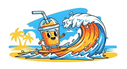 Cute Orange Slushy Character Surfing on a Wave.