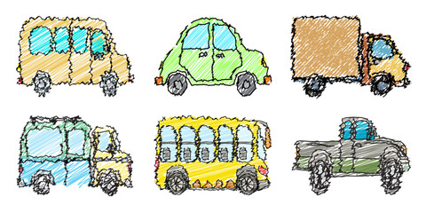 Scribble car and truck collection, handmade vehicle set in childlike crayon style. sketchy playful hand-drawn vehicle.