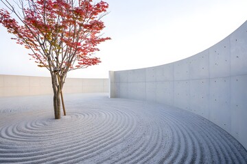 Minimalist zen garden with autumn tree and raked gravel creating a peaceful scene