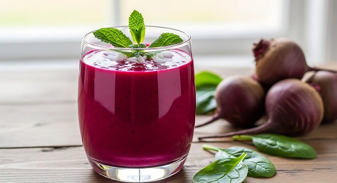 Fresh Beetroot Juice in a Glass with Whole Beets and Leaves on a Wooden Table.