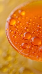 Orange liquid with water droplets on surface with a blurred yellow background view close up