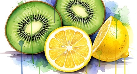 Vibrant Watercolor Fruits - Kiwi and Lemon Still Life.