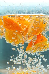 Orange slices in sparkling water creating a refreshing and bubbly beverage look
