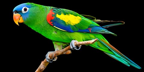 Spectacled amazon parrot perched on a branch against a dark background detail shot