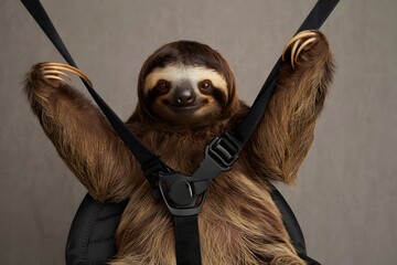 Naklejka premium Sloth in harness looking at the camera with a neutral background behind it