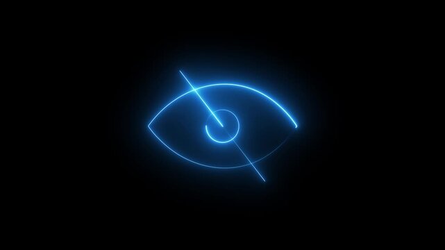 Sensitive content icon animated by neon eye over cross line, warning symbol motion, digital alert animation, futuristic UI design, glowing neon effect, modern interface visual, cyber alert concept