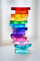 Stack of colorful transparent blocks arranged in a rainbow order on a white surface