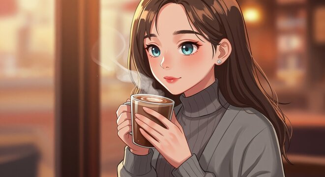 Cozy Coffee Moment: An illustration captures the serene beauty of a woman enjoying a warm coffee in a cozy setting, ideal for lifestyle and leisure.