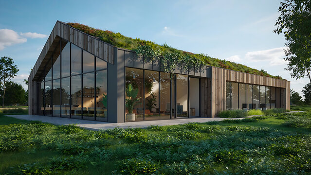 Modern sustainable building with a green roof surrounded by lush grass and trees