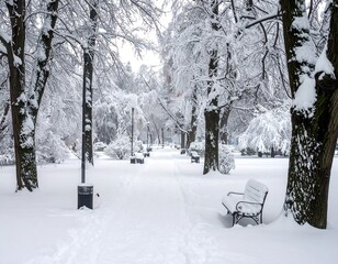Snowy park scene with benches and trees. A winter landscape