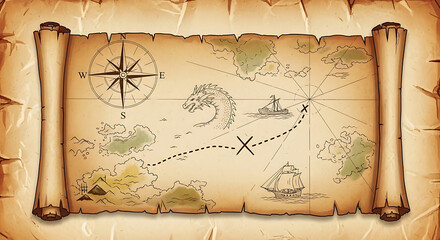 Ancient treasure map with compass rose and x marks the spot