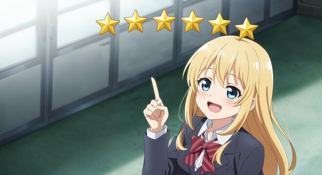 Exceptional Rating: An animated young female with golden hair points upwards toward a row of shining golden stars, symbolizing an exceptional rating.