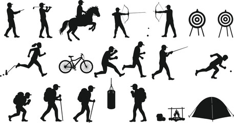 Outdoor activity silhouette set, hiking, fishing, archery, camping, biking, sports icons, black vector, recreation, adventure, fitness, motion