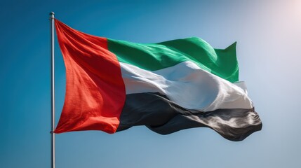 Kuwait flag rippling strongly in midday sunlight fabric textures and sharp stitching visible natural shadows accentuating folds uncluttered