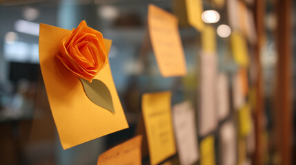 Sticky Note Post It Board Office. Business people meeting at office and use post it notes to share idea. Brainstorming concept. Sticky note on glass wall or blackboard. Set of colorful blank notes.