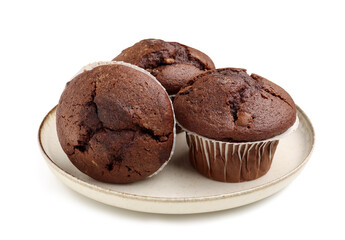 Plate with tasty chocolate cupcakes isolated on white background