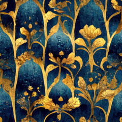 Seamless blue-and-gold floral damask, tileable Art Nouveau wallpaper texture