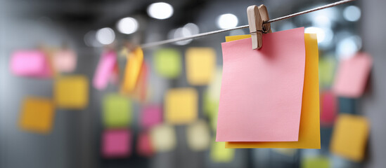 Sticky Note Post It Board Office. Business people meeting at office and use post it notes to share idea. Brainstorming concept. Sticky note on glass wall or blackboard. Set of colorful blank notes.