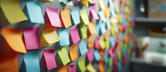 Sticky Note Post It Board Office. Business people meeting at office and use post it notes to share idea. Brainstorming concept. Sticky note on glass wall or blackboard. Set of colorful blank notes.