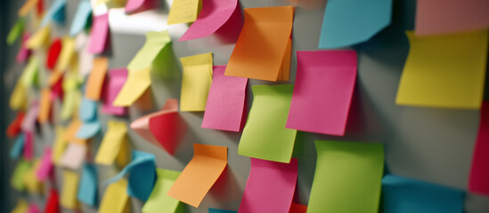 Sticky Note Post It Board Office. Business people meeting at office and use post it notes to share idea. Brainstorming concept. Sticky note on glass wall or blackboard. Set of colorful blank notes.