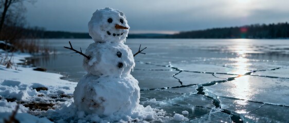 A lonely snowman stands on the shore of a frozen lake at dusk, with cracked ice reflecting the dim light
