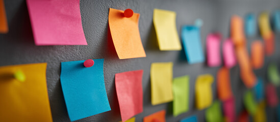 Sticky Note Post It Board Office. Business people meeting at office and use post it notes to share idea. Brainstorming concept. Sticky note on glass wall or blackboard. Set of colorful blank notes.