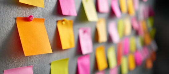 Sticky Note Post It Board Office. Business people meeting at office and use post it notes to share idea. Brainstorming concept. Sticky note on glass wall or blackboard. Set of colorful blank notes.