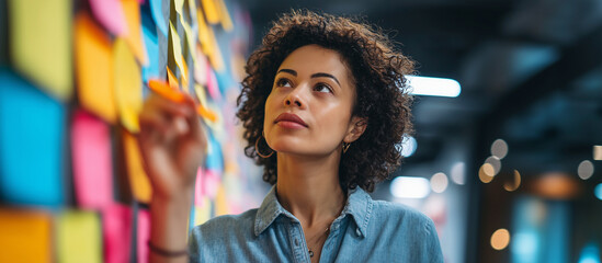 Sticky Note Post It Board Office. Business people meeting at office and use post it notes to share idea. Brainstorming concept. Sticky note on glass wall or blackboard. Set of colorful blank notes.