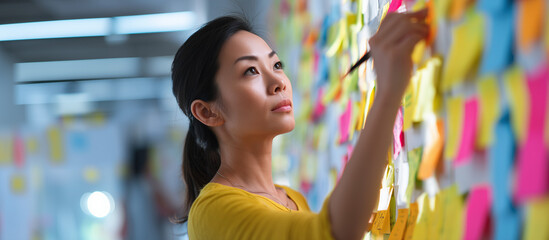 Sticky Note Post It Board Office. Business people meeting at office and use post it notes to share idea. Brainstorming concept. Sticky note on glass wall or blackboard. Set of colorful blank notes.
