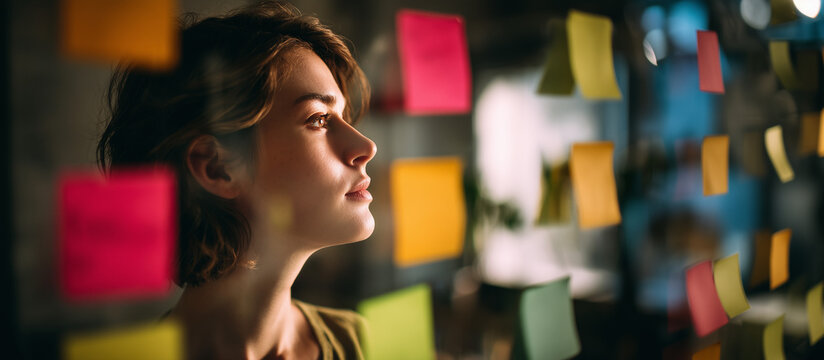 Sticky Note Post It Board Office. Business people meeting at office and use post it notes to share idea. Brainstorming concept. Sticky note on glass wall or blackboard. Set of colorful blank notes. - Powered by Adobe