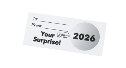 A scratchoff card with the year 2026 isolated on transparent background the card is white with black text and a silver scratchoff circle