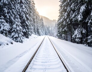 Snowy railway tracks winding through a forest on a bright winter's day