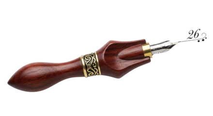 Closeup of a calligraphy pen with wooden handle isolated on transparent background, showcasing its nib and decorative details for writing