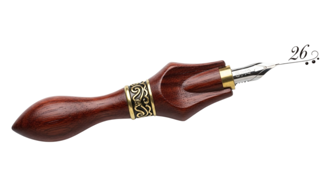 Closeup of a calligraphy pen with wooden handle isolated on transparent background, showcasing its nib and decorative details for writing