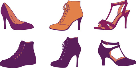 Collection of elegant women shoes including high heels, ankle boots, and sandals isolated vector illustration for fashion design inspiration