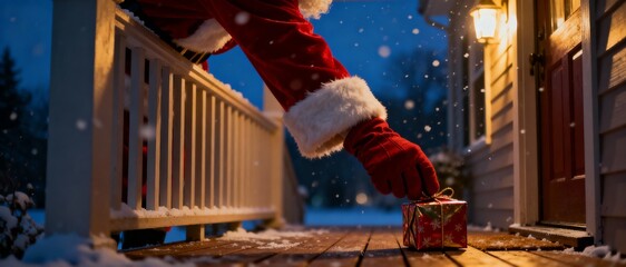 Santa claus delivering a christmas gift to a house doorstep in the snow at night