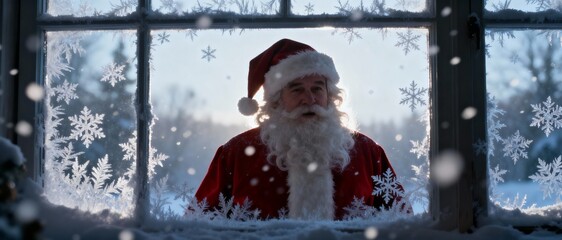 Santa claus looking through a snowy window on a winter day with snowflakes