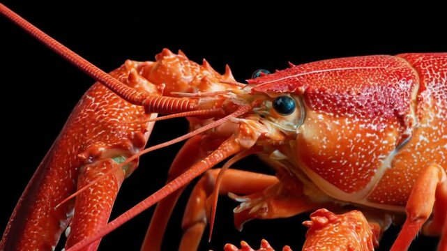 Close-up of a bright orange-red lobster with long antennae against a black backdrop and vivid shell