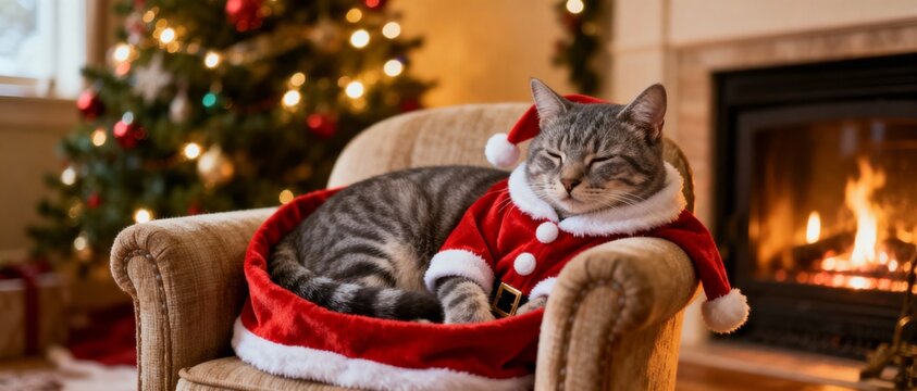 Cute tabby cat dressed as santa claus sleeping in a chair by a christmas tree and fireplace