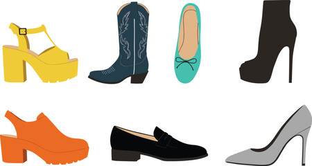 Colorful women&rsquo;s shoes collection including high heels, cowboy boots, flats, and platform sandals, stylish modern footwear fashion illustration