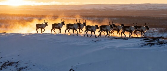 Herd of reindeer walking across a snowy landscape during a golden sunset