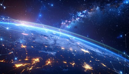 A vibrant, artistic depiction of Earth from space, with glowing city lights visible. A network of lines connects points in space