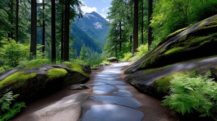Rocky Footpath Winds Through Lush Green Forest Towards Distant Sunlit Mountain Peak Under Blue Sky