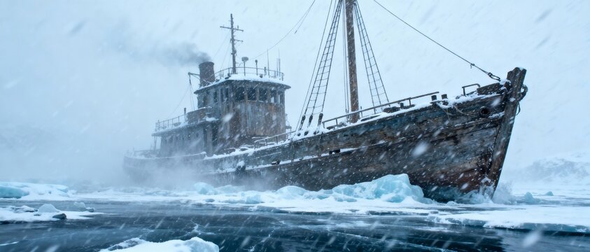 An old, weathered ship is stuck in icy waters during a snowstorm, with smoke billowing from its chimney