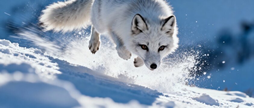 An arctic fox leaps through the snow, kicking up a spray of white powder