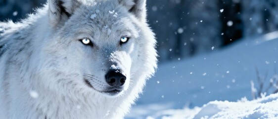 Closeup portrait of a majestic white wolf with glowing eyes in a snowy winter forest during snowfall
