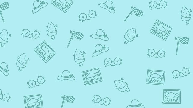 ice cream, cap, photo, animated pattern, Light blue summerthemed cartoon illustrations suitable for designs related to vacations, holidays, travel, outdoor activities, and beach events.